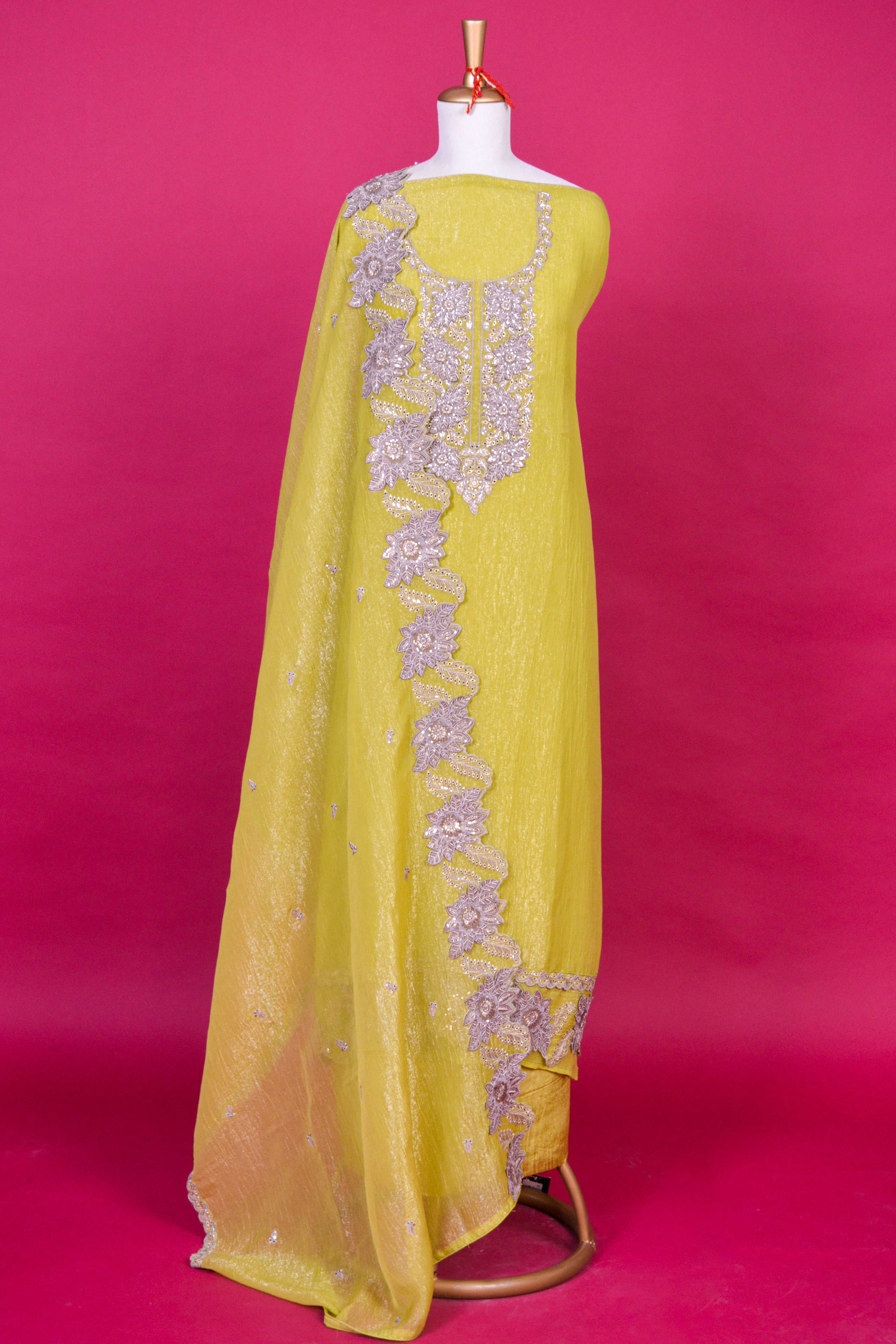 Lime Yellow Textured Organza Tissue Kurta Dupatta Set – 3 piece