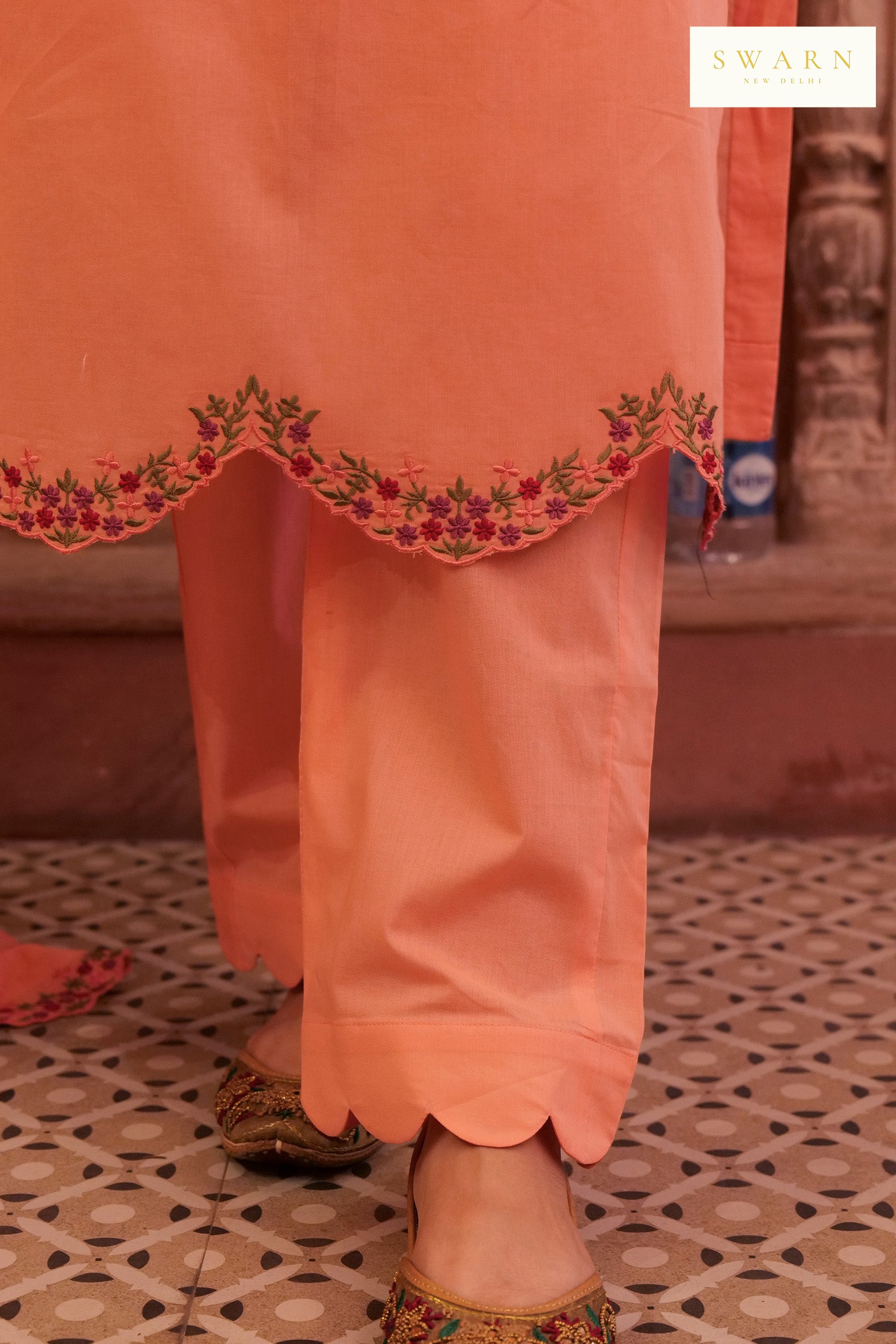Salmon Pink Cotton Cambric Embroidered Kurta Dupatta Set – 3 piece