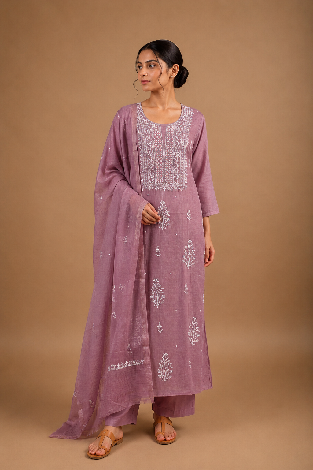Lavender Chikankari Embroidered Unstitched 2-Piece Suit Set in Mul Chanderi