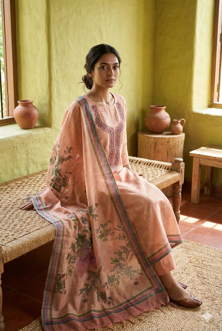 Soft Peach Jamdani Linen Kurta Dupatta Set – 3 piece