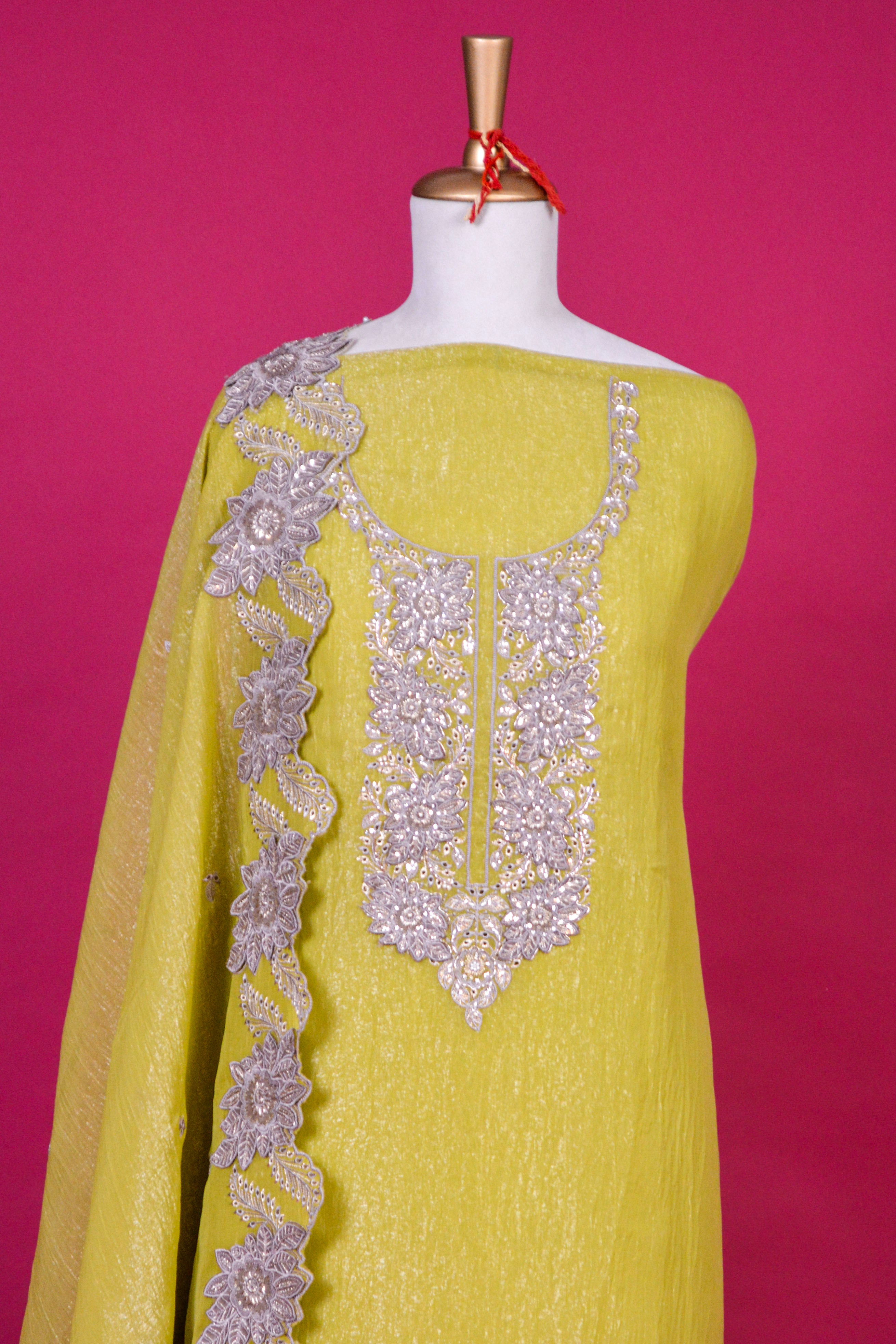 Lime Yellow Textured Organza Tissue Kurta Dupatta Set – 3 piece