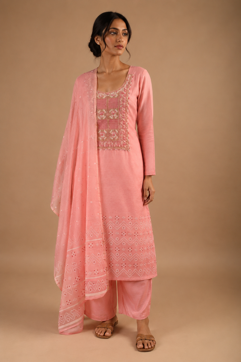 Peach Jamdani Unstitched Suit Set in Mul Chanderi with Embroidery