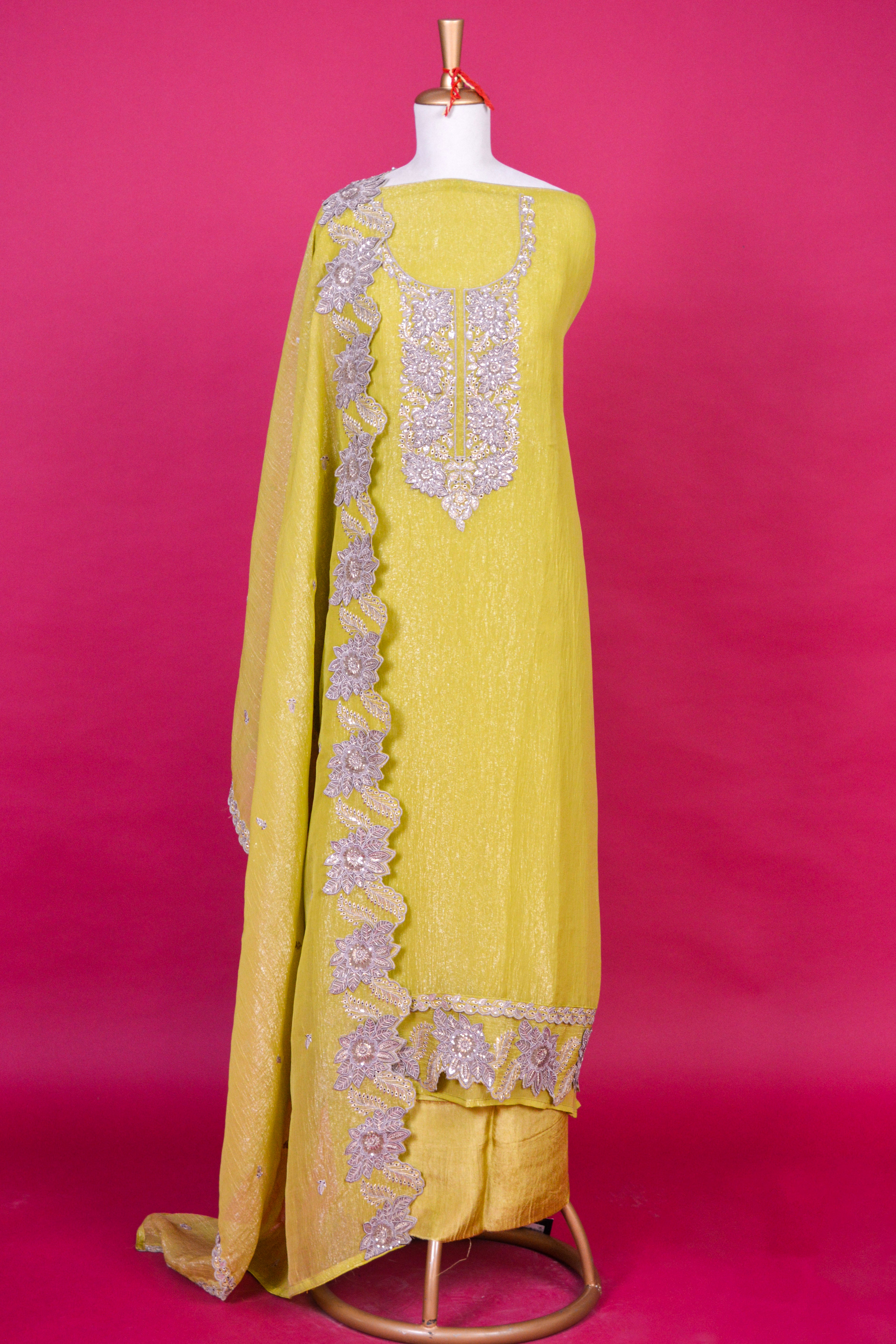 Lime Yellow Textured Organza Tissue Kurta Dupatta Set – 3 piece