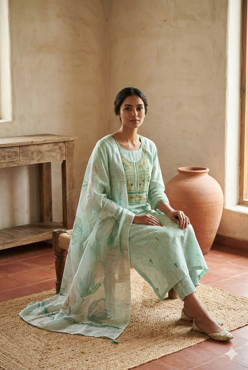 Sage Green Linen Jamdani Kurta Dupatta Set – 3 piece