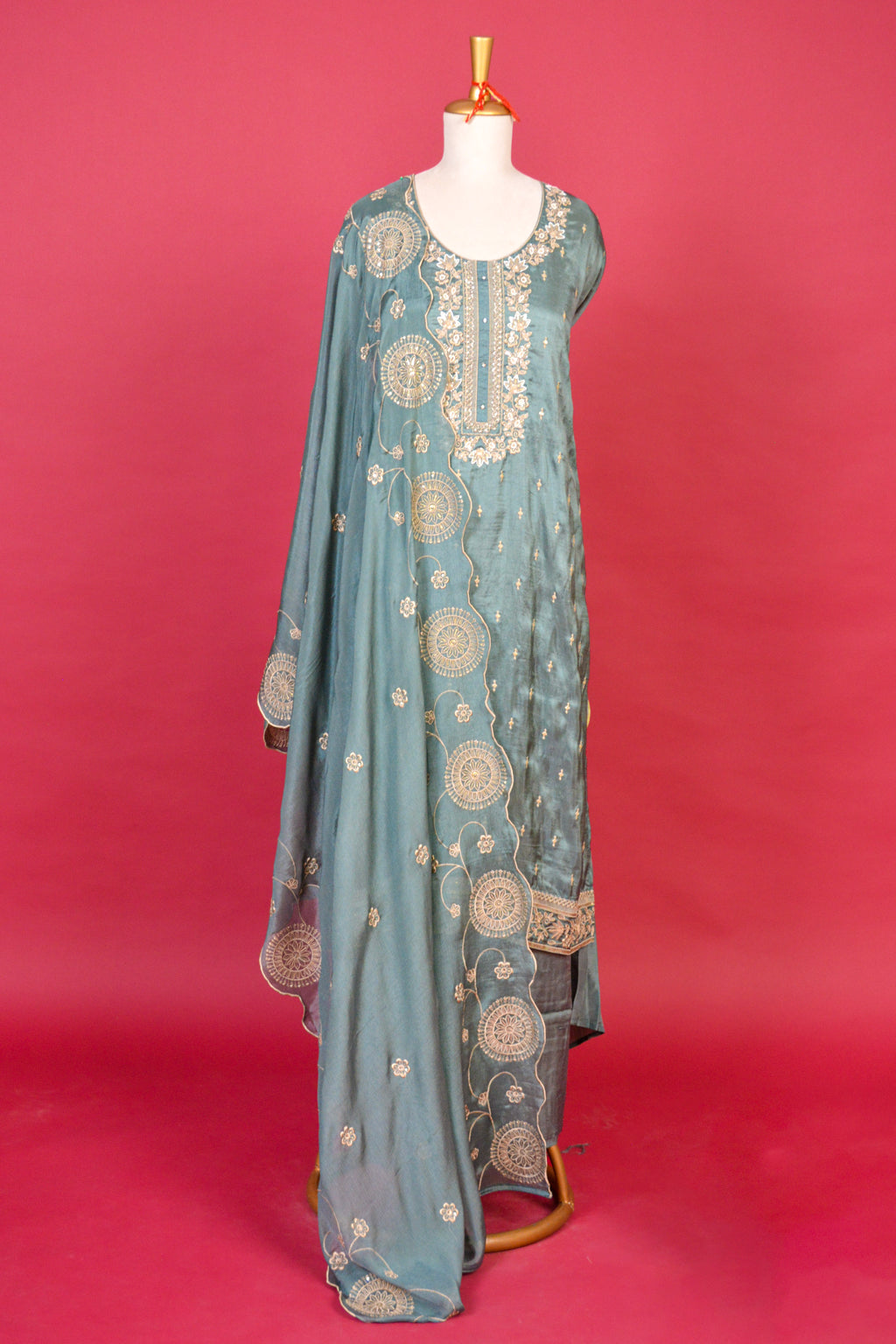 Dusty Blue Upada silk Machine Embroidered Kurta Dupatta Set – 3 piece