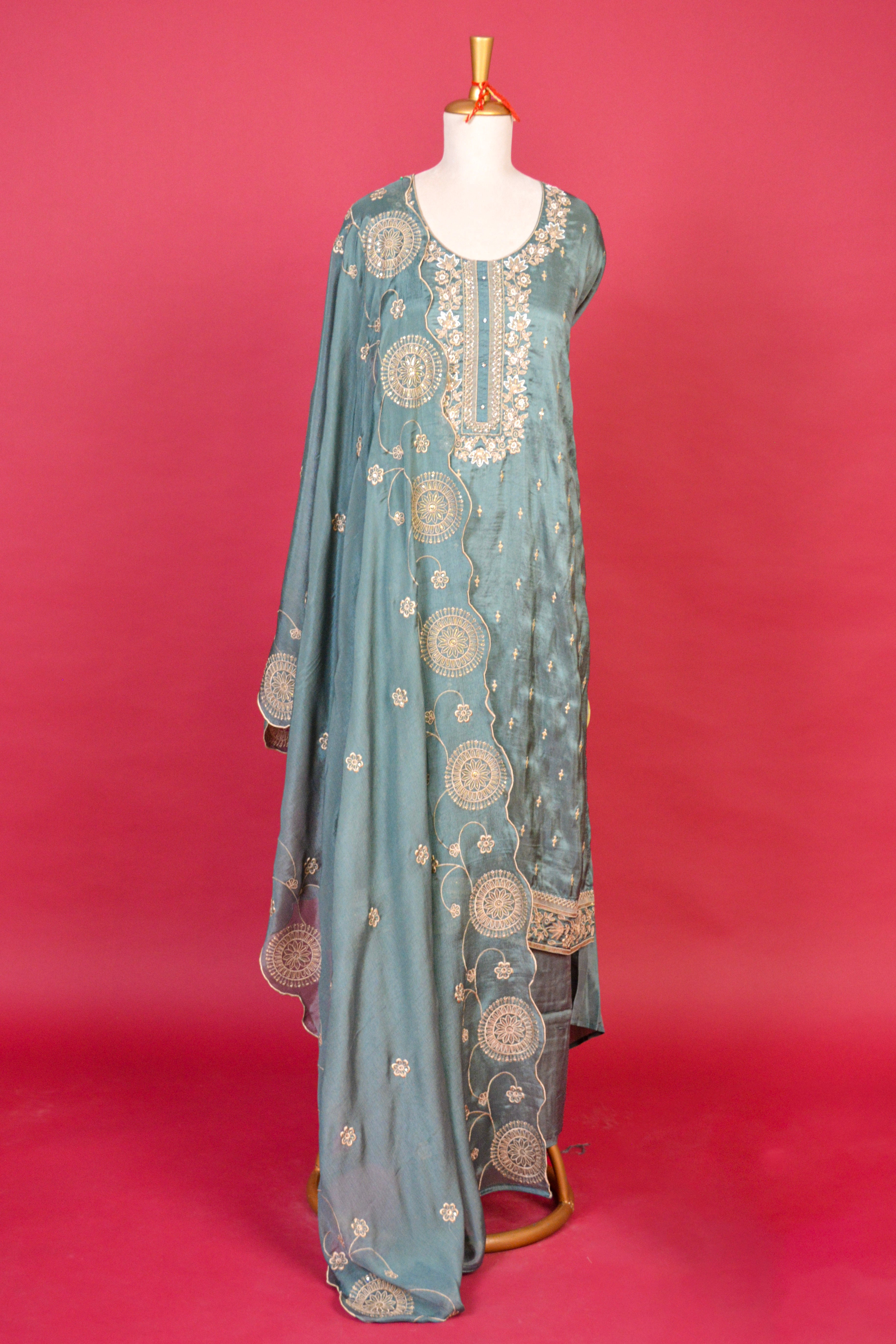 Dusty Blue Upada silk Machine Embroidered Kurta Dupatta Set – 3 piece