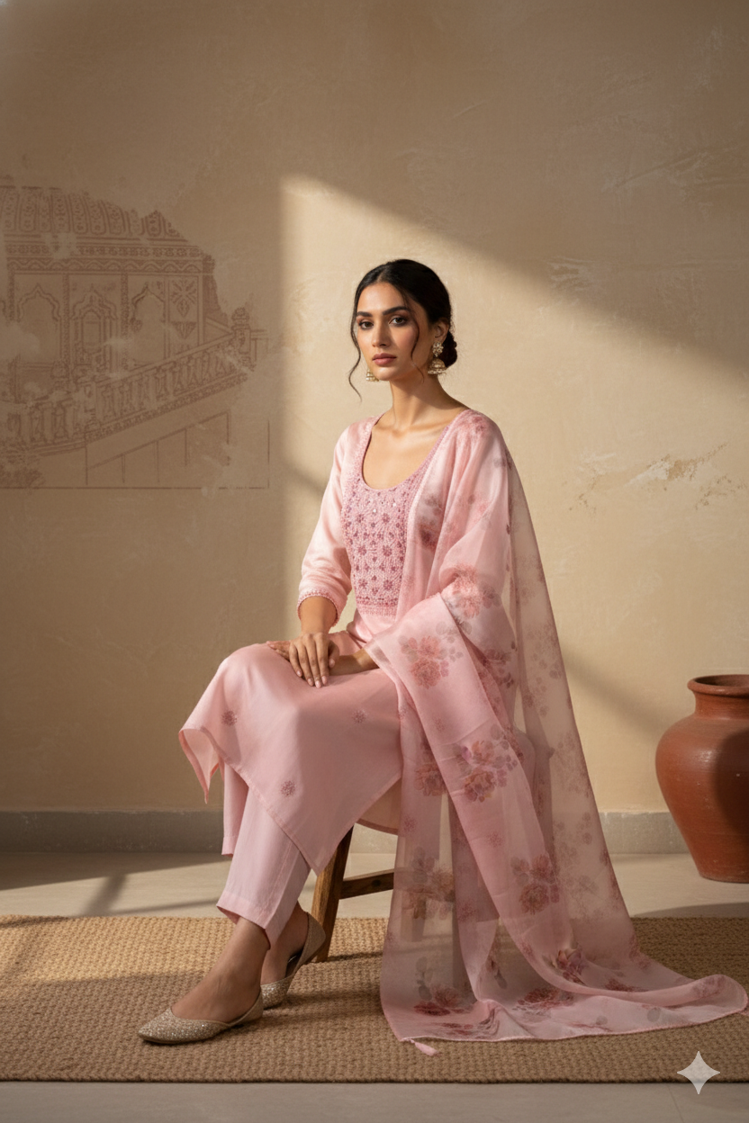 Soft Pink Jamdani Kurta Organza Dupatta Set – 3 piece