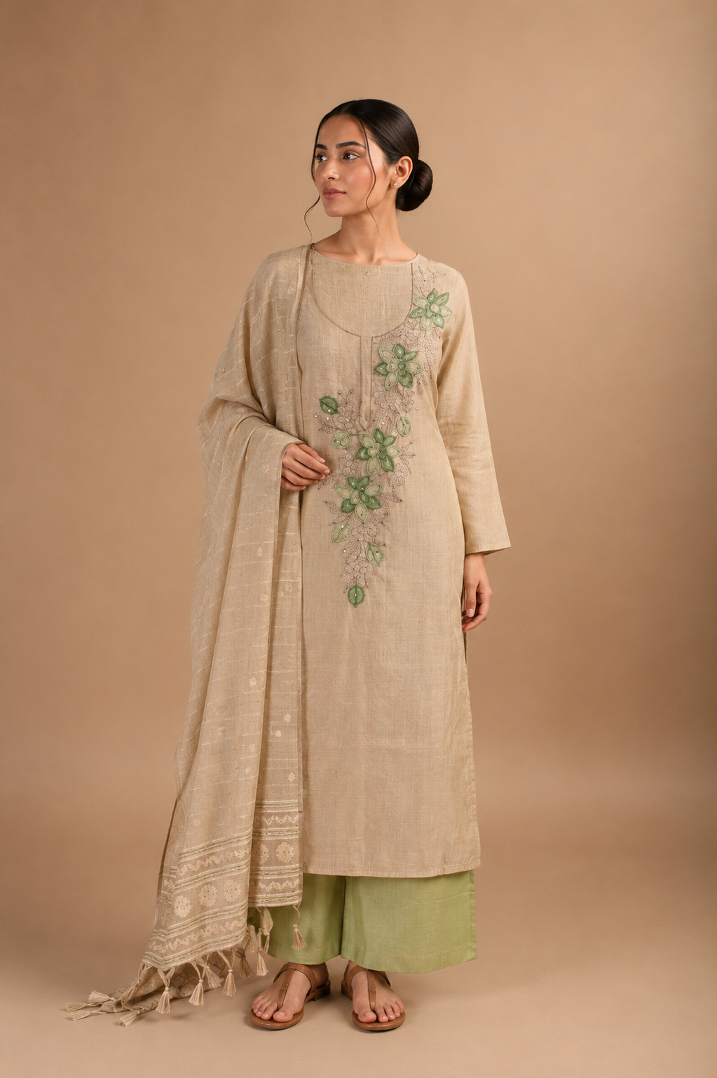 Beige Embroidered Unstitched Suit Set in Chanderi with Jamdani Weave Dupatta