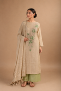 Beige Embroidered Unstitched Suit Set in Chanderi with Jamdani Weave Dupatta