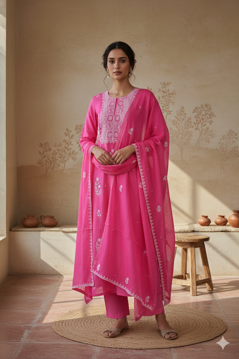 Rani Pink Mul Mul Cotton Chikankari Kurta Fabric with Dupatta – Unstitched 2-Piece Set
