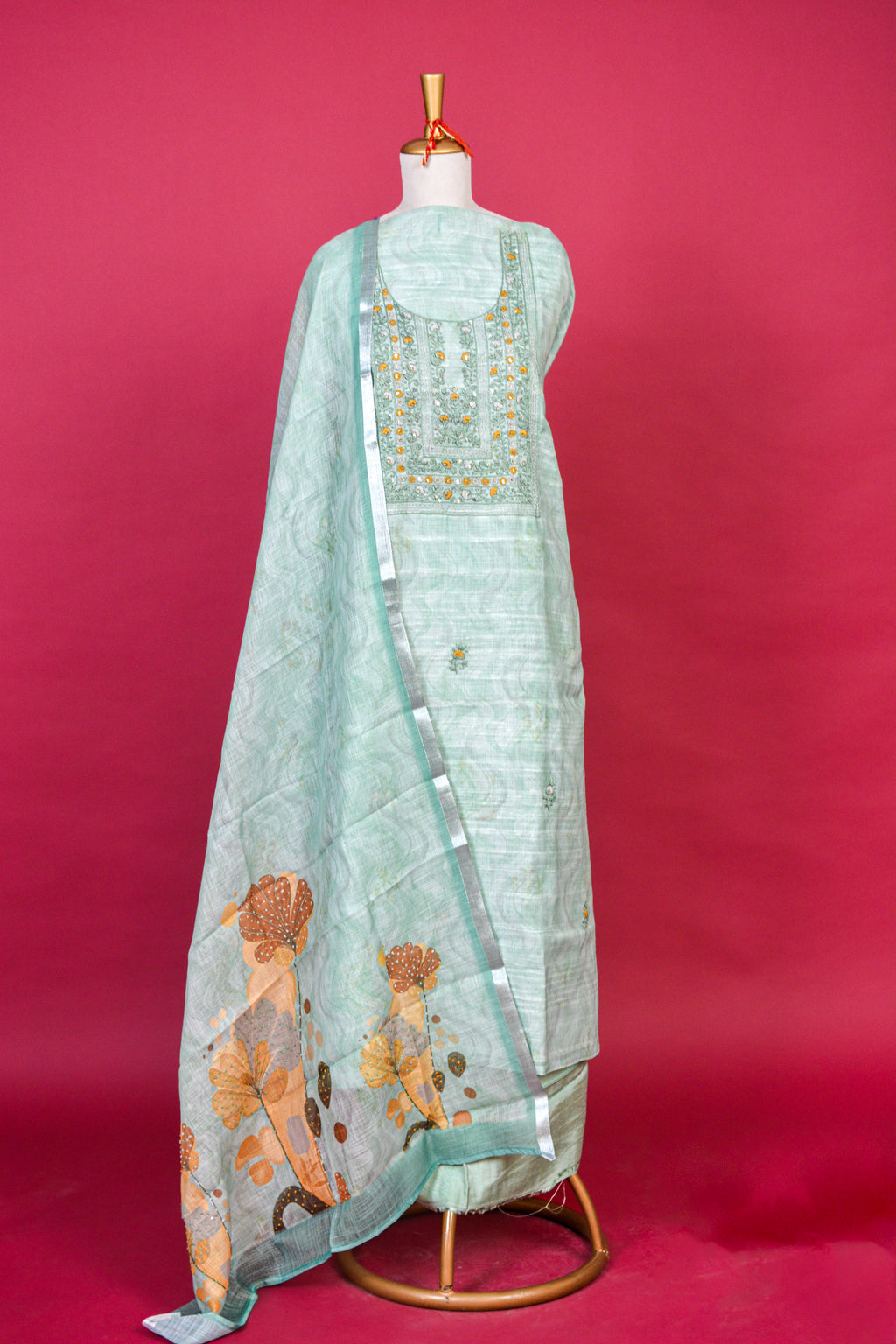 Earthy Green Jamdani Linen Kurta Dupatta Set – 3 piece