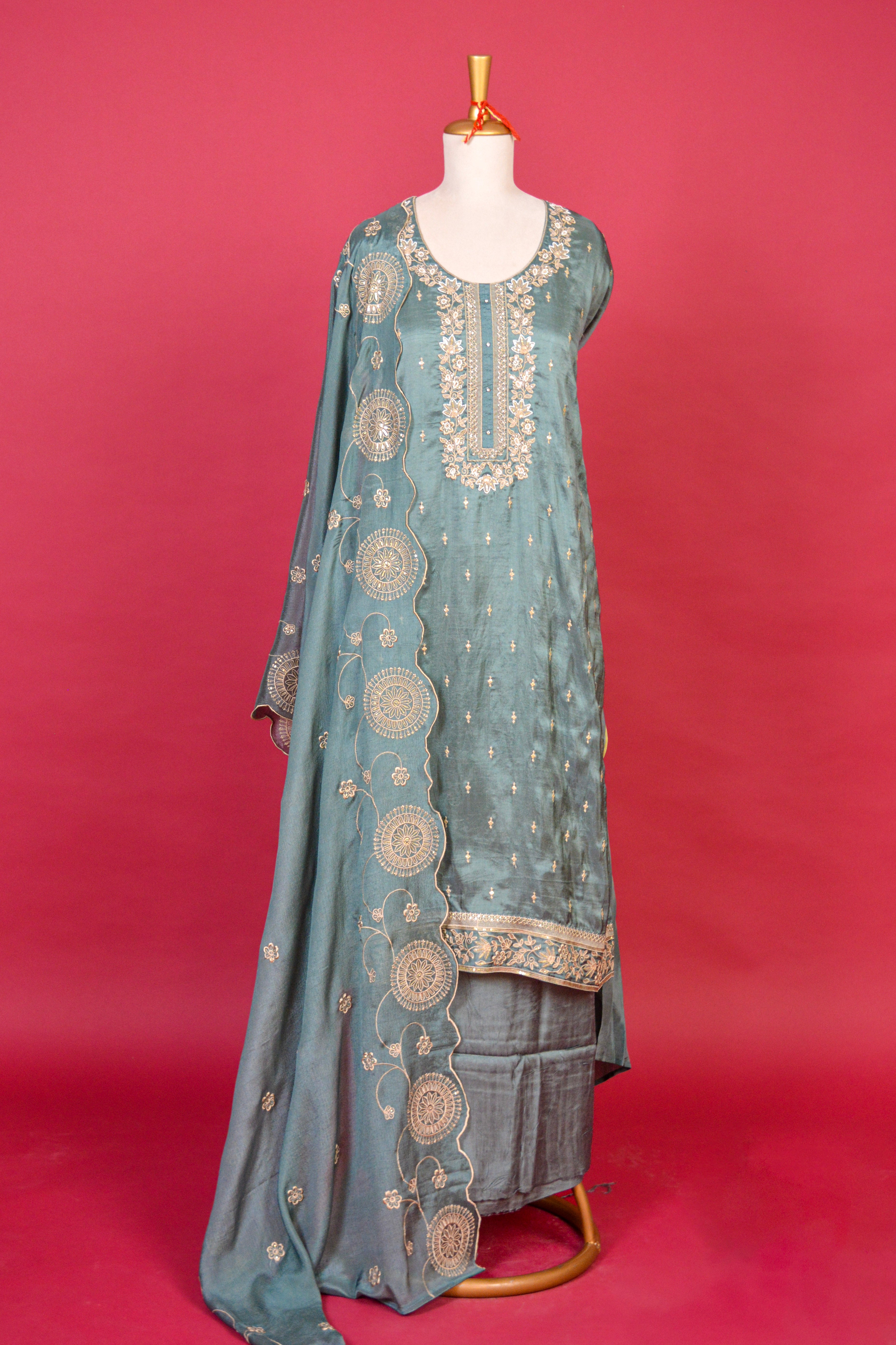 Dusty Blue Upada silk Machine Embroidered Kurta Dupatta Set – 3 piece