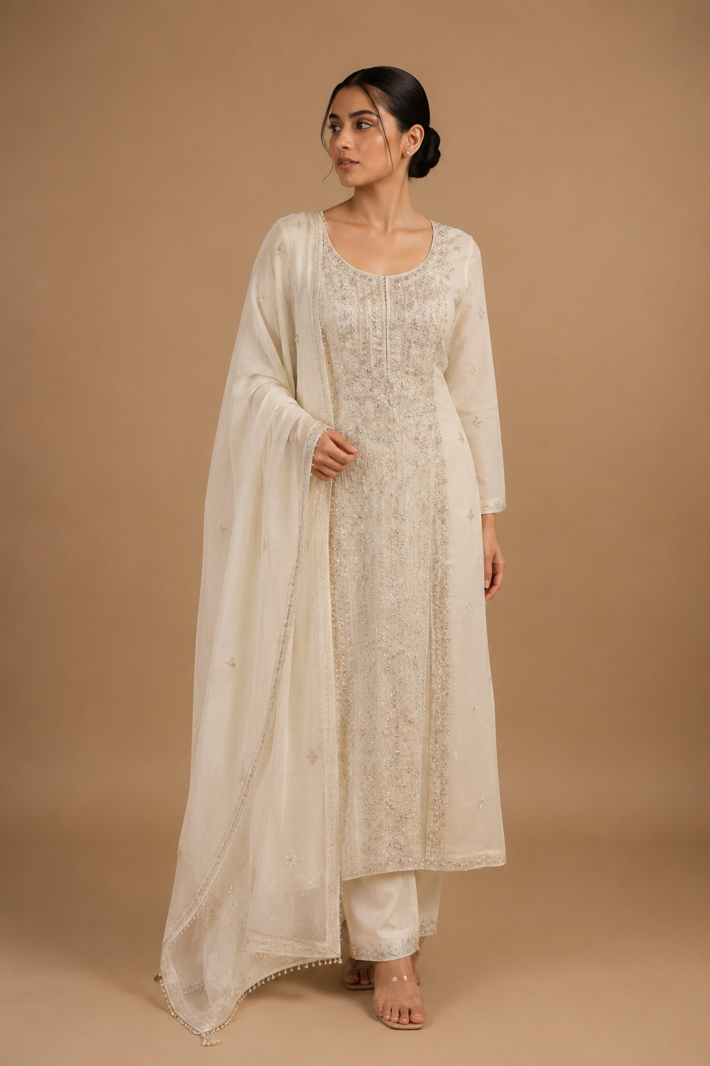 White  Unstitched 2-Piece Suit Set with Light Brown Chikankari Embroidery in Mul Chanderi