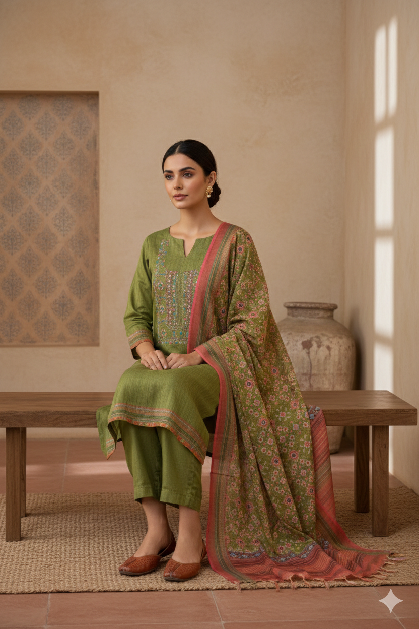 Green Tissue Linen Jamdani Kurta Dupatta Set – 3 piece