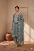 Dusty Blue Upada silk Machine Embroidered Kurta Dupatta Set – 3 piece