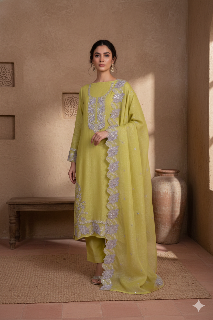 Lime Yellow Textured Organza Tissue Kurta Dupatta Set – 3 piece