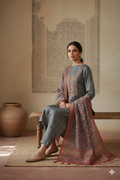 Charcoal Grey and Rust Linen Jamdani Kurta Dupatta Set – 3 piece