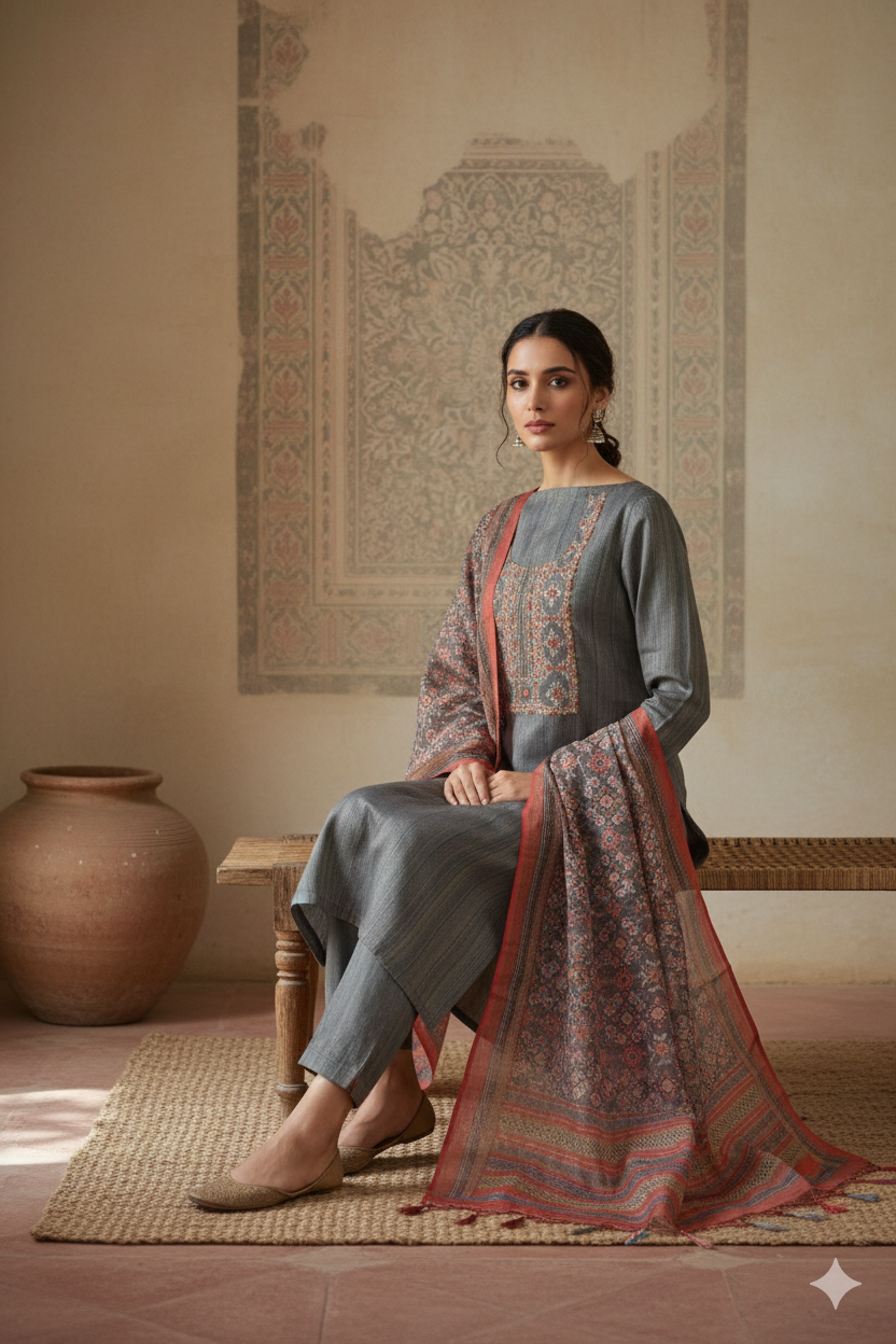 Charcoal Grey and Rust Linen Jamdani Kurta Dupatta Set – 3 piece