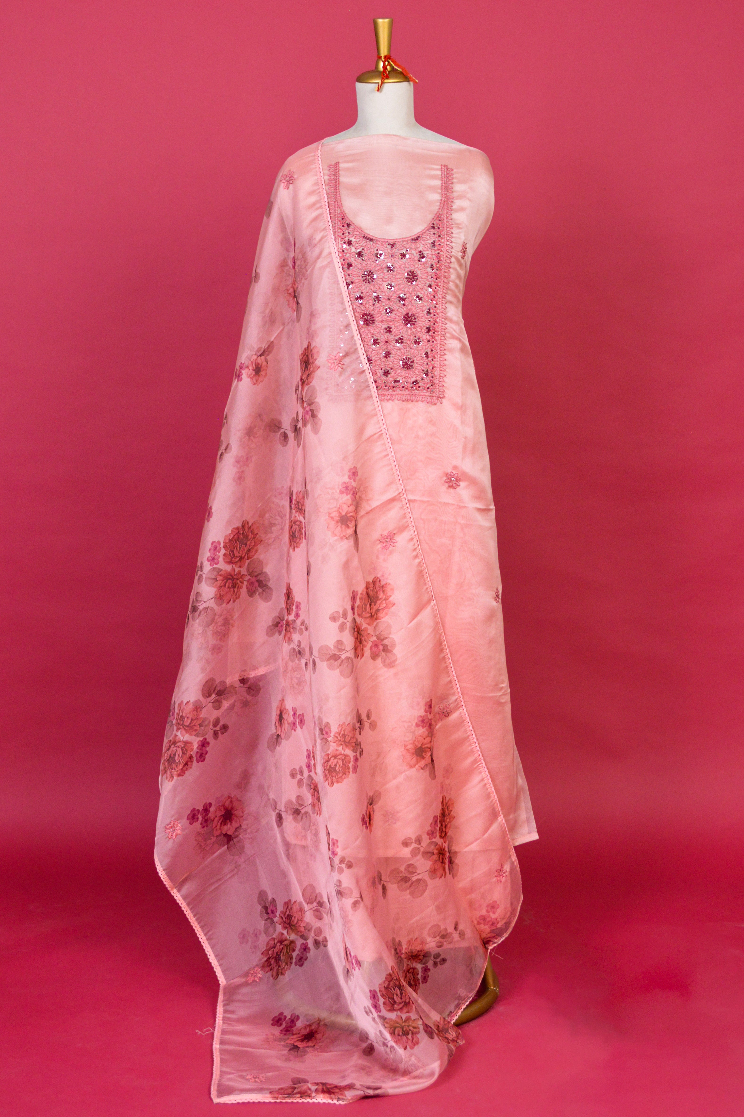 Soft Pink Jamdani Kurta Organza Dupatta Set – 3 piece