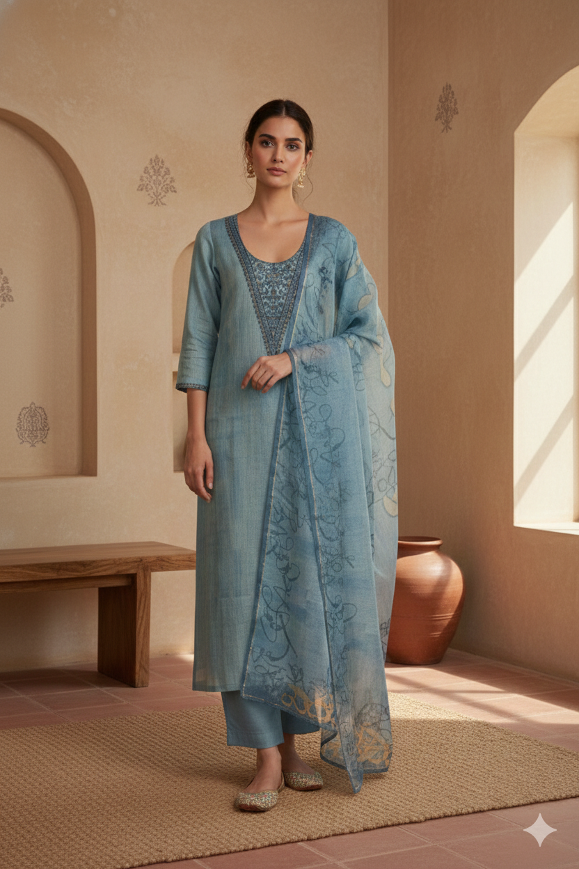 Sky Blue Linen Jamdani Dori Work Kurta Dupatta Set – 3 piece