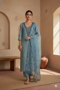 Sky Blue Linen Jamdani Dori Work Kurta Dupatta Set – 3 piece