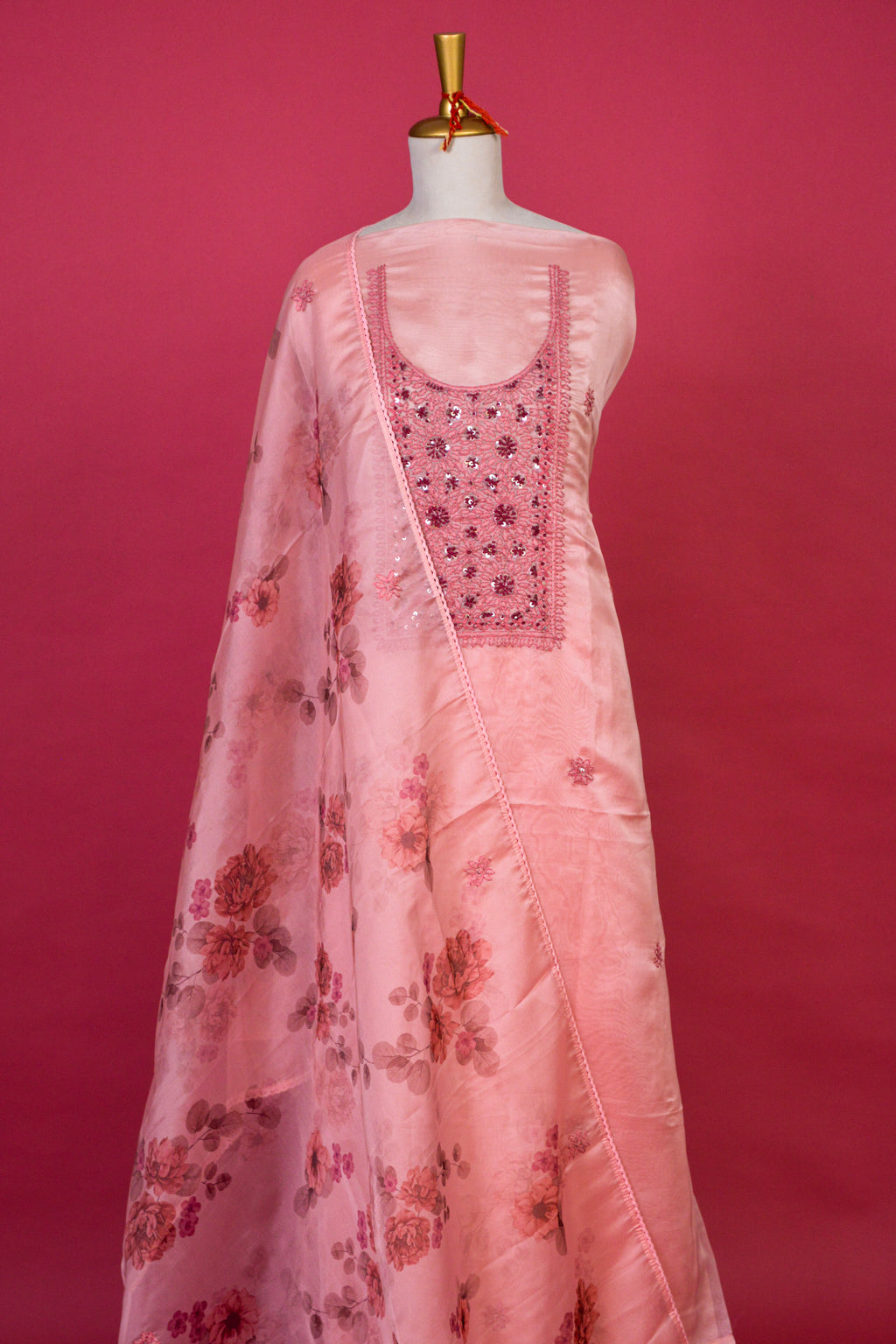 Soft Pink Jamdani Kurta Organza Dupatta Set – 3 piece