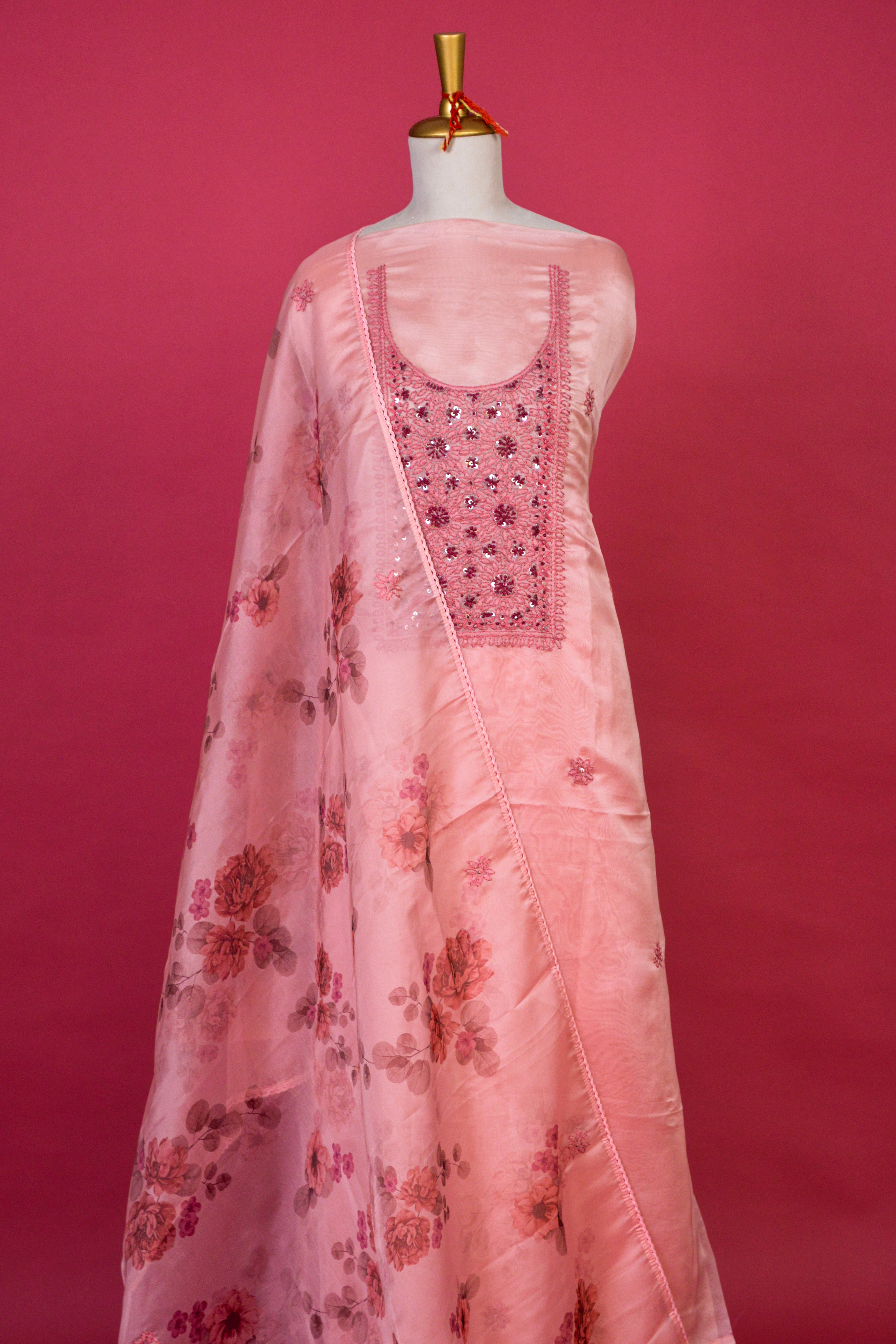 Soft Pink Jamdani Kurta Organza Dupatta Set – 3 piece