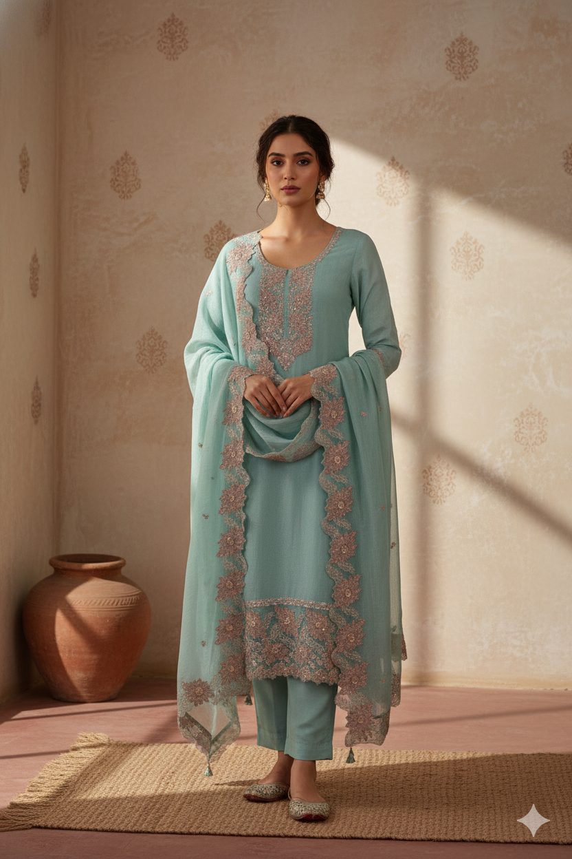 Sky Blue Textured Organza Tissue Embroidered Kurta Dupatta Set – 3 piece