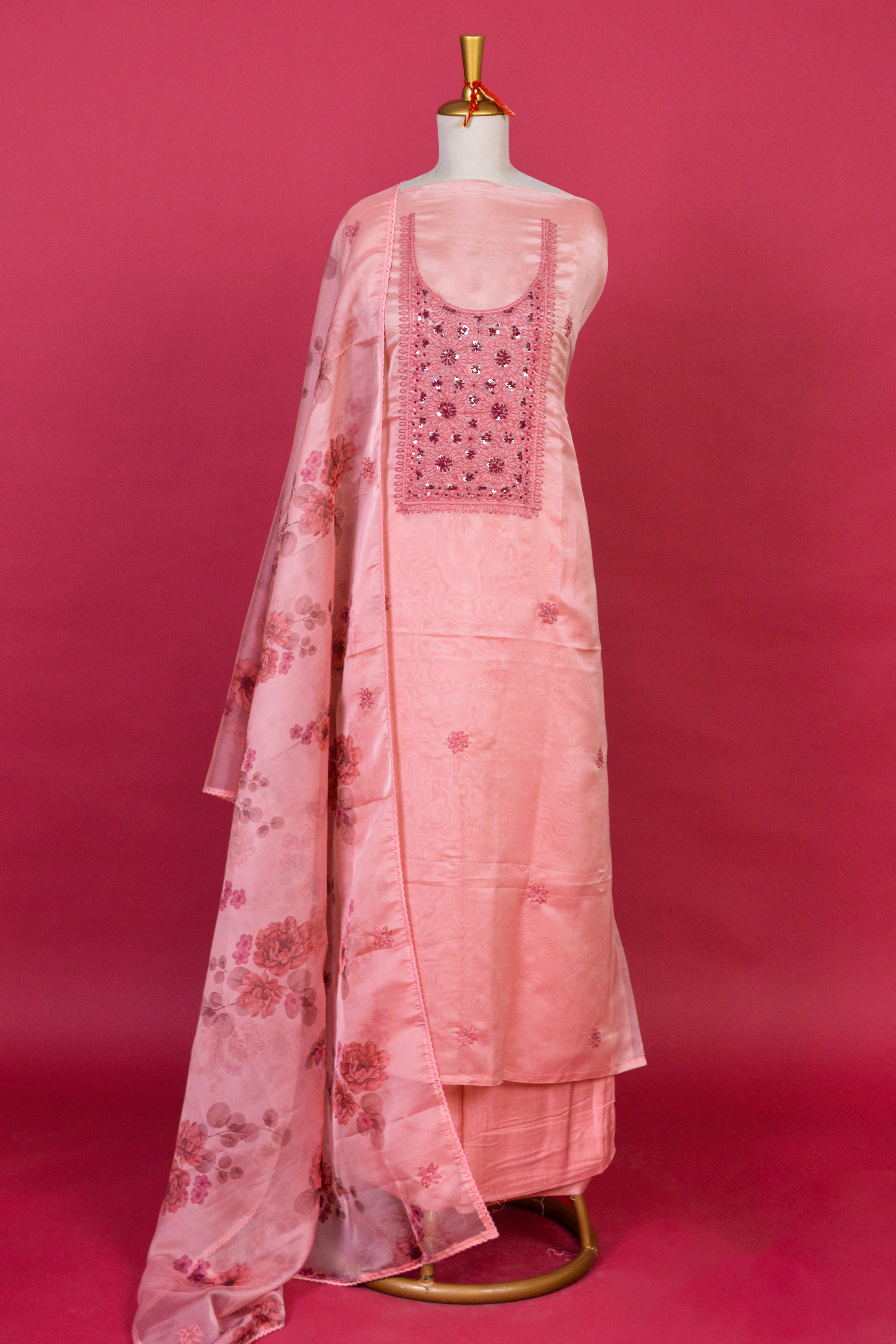 Soft Pink Jamdani Kurta Organza Dupatta Set – 3 piece