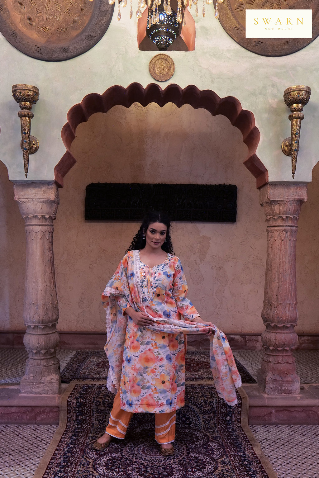 Chanderi Digital Printed Kurta Dupatta Set with Resham Embroidered Neckline – 3 piece