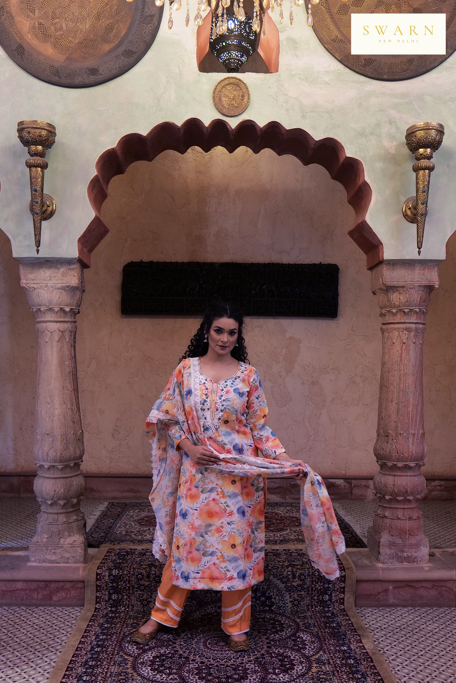 Chanderi Digital Printed Kurta Dupatta Set with Resham Embroidered Neckline – 3 piece