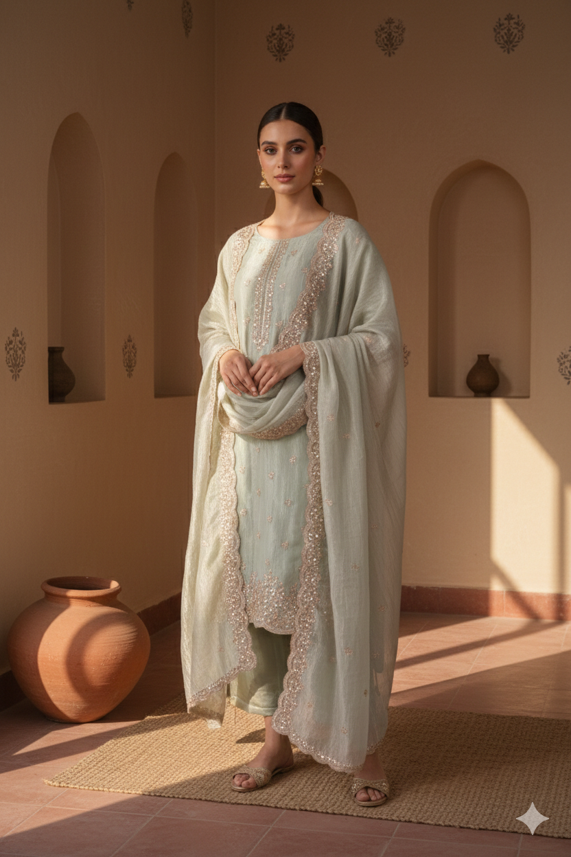 Soft Sage Organza Tissue Embroidered Kurta Dupatta Set – 3 piece