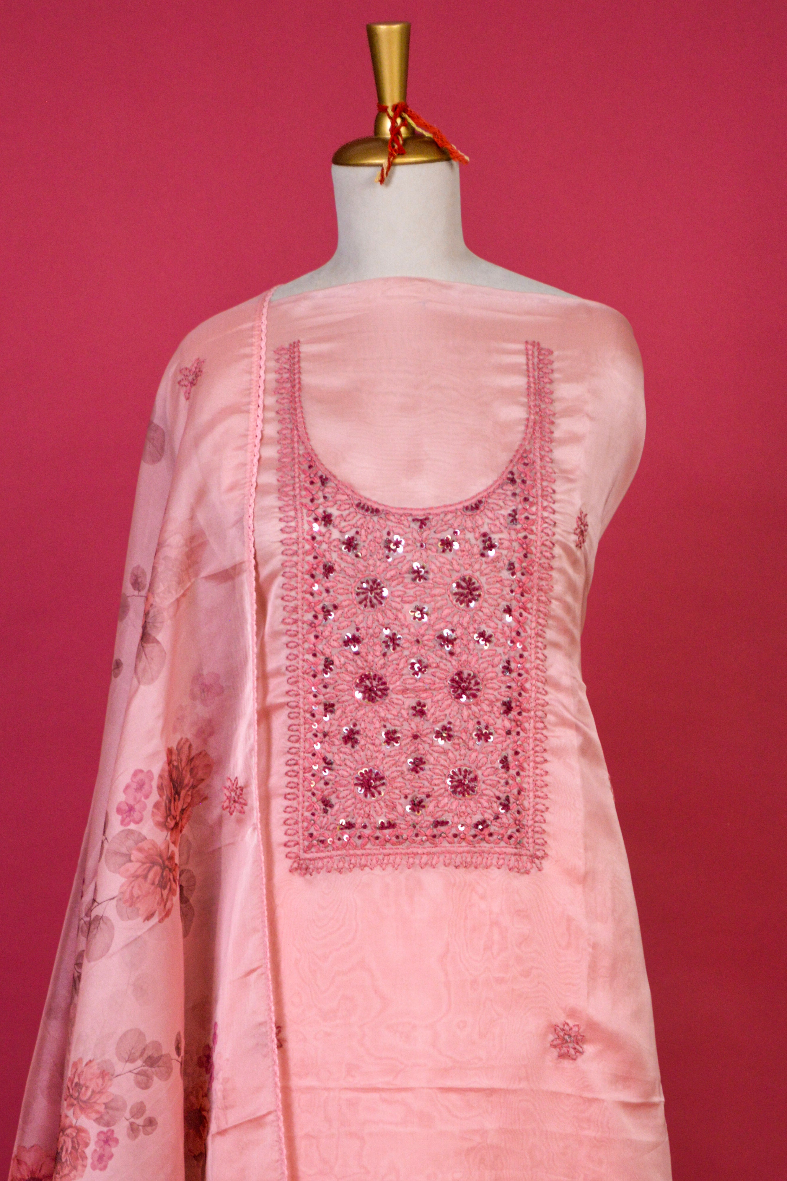 Soft Pink Jamdani Kurta Organza Dupatta Set – 3 piece