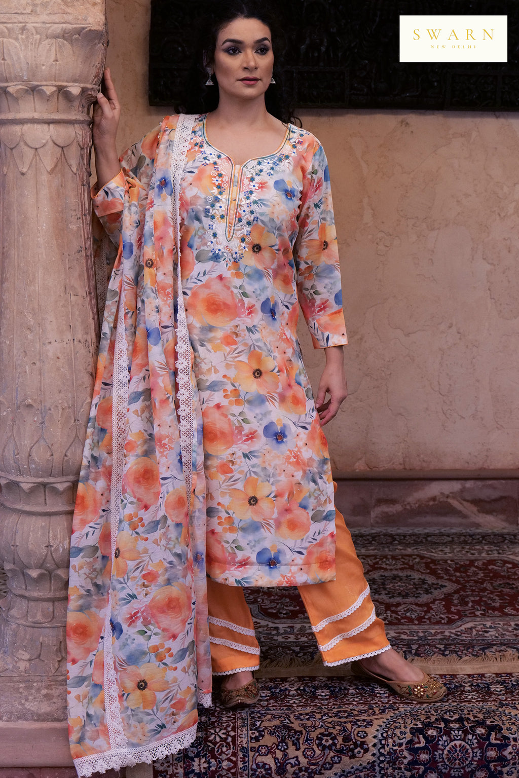 Chanderi Digital Printed Kurta Dupatta Set with Resham Embroidered Neckline – 3 piece