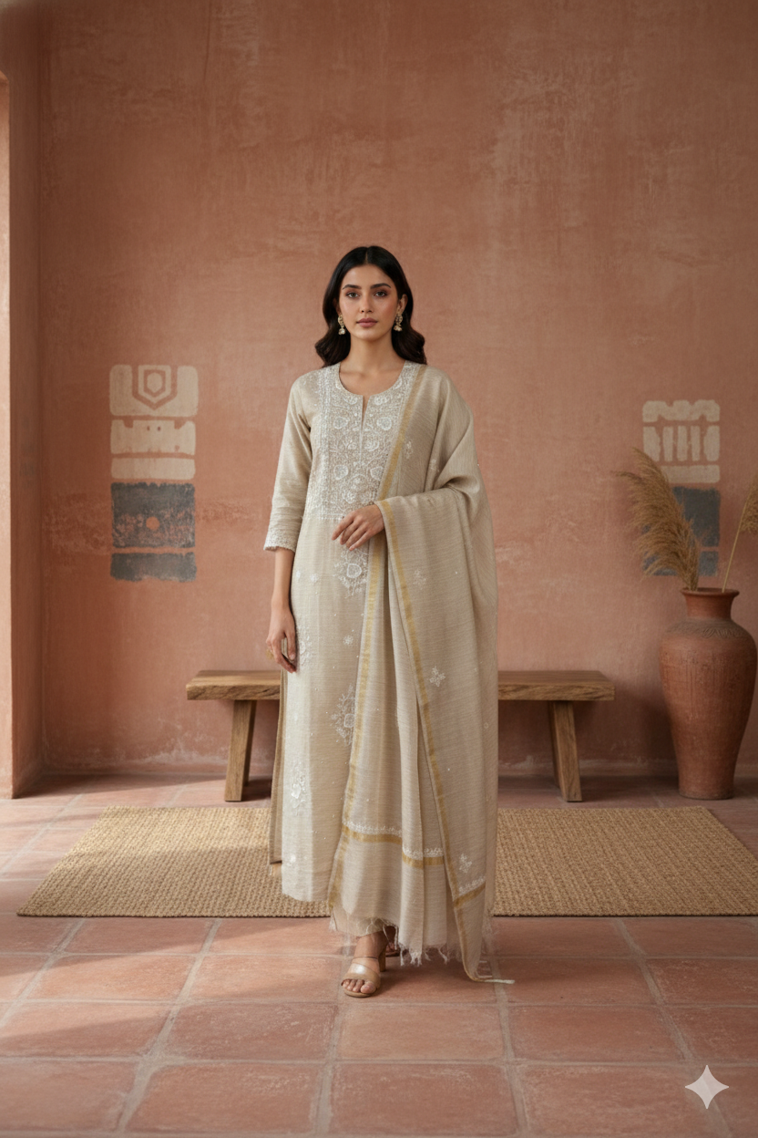 Khadi Cotton Chikankari Kurta Dupatta Set – 3 piece