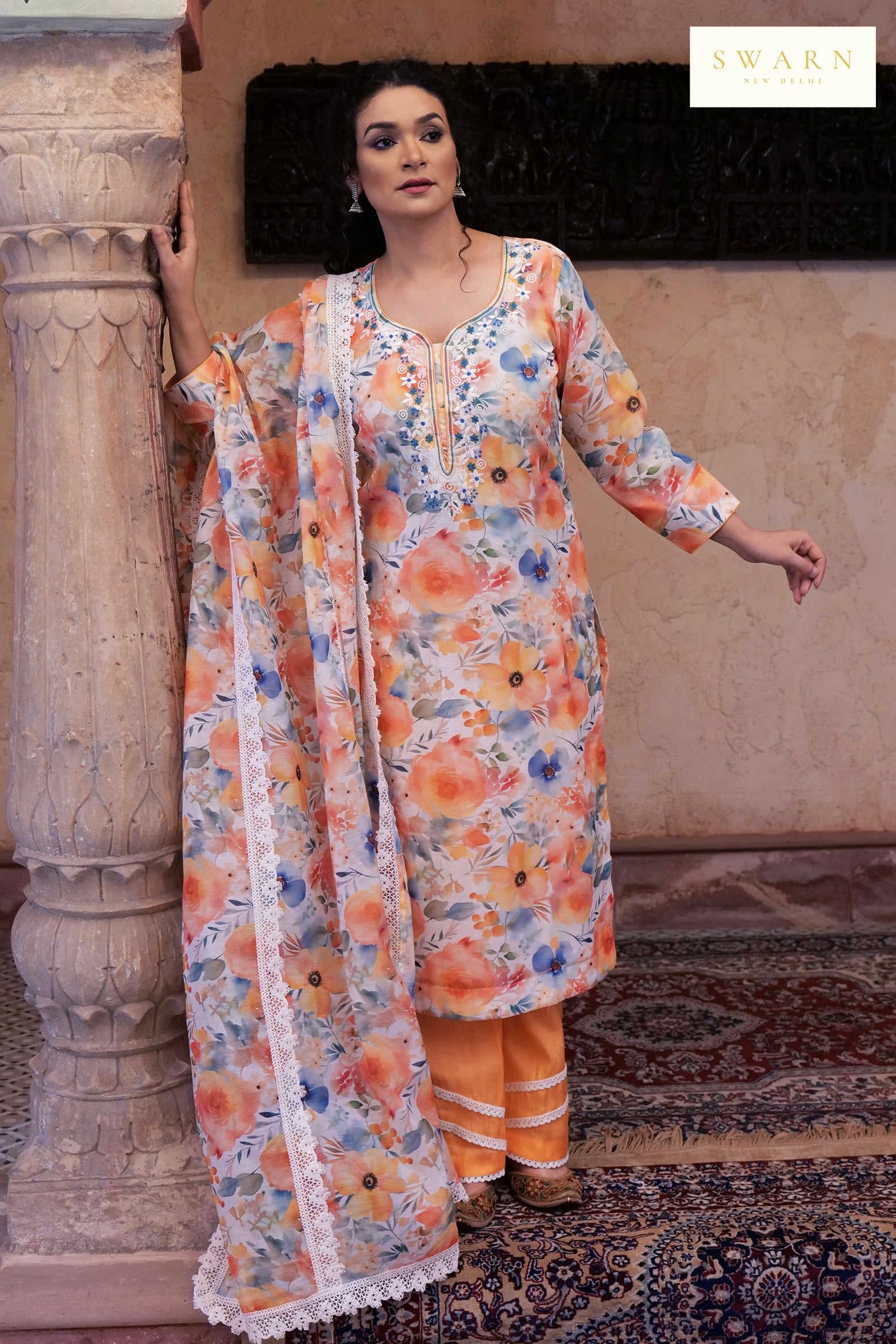 Chanderi Digital Printed Kurta Dupatta Set with Resham Embroidered Neckline – 3 piece