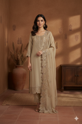 Beige Chinon Embroidered Kurta Dupatta Set with Scalloped Dupatta – 3 piece