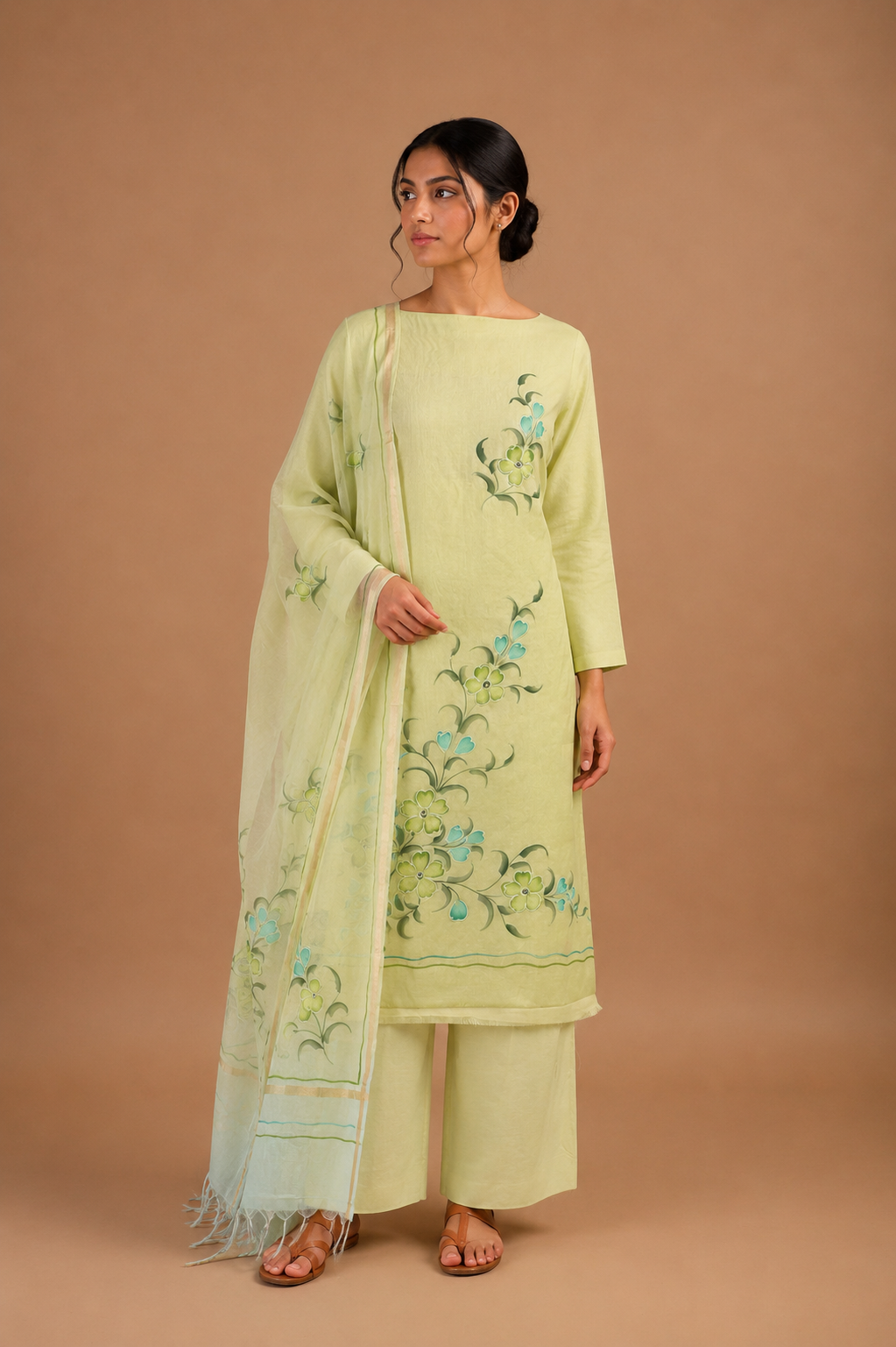 Lime Green Hand Painted Unstitched Suit Set in Mul Chanderi