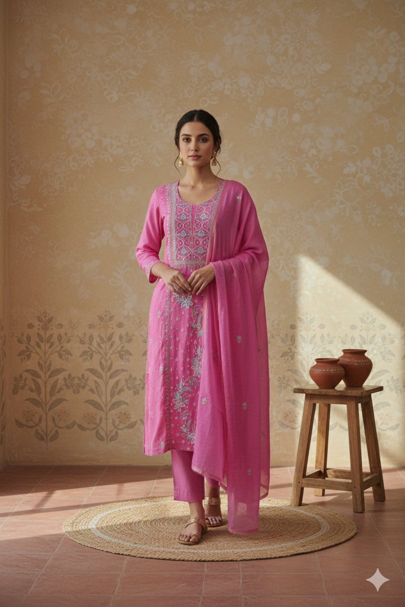 Rose Pink Mul Mul Cotton Chikankari Kurta Fabric with Dupatta – Unstitched 2-Piece Set