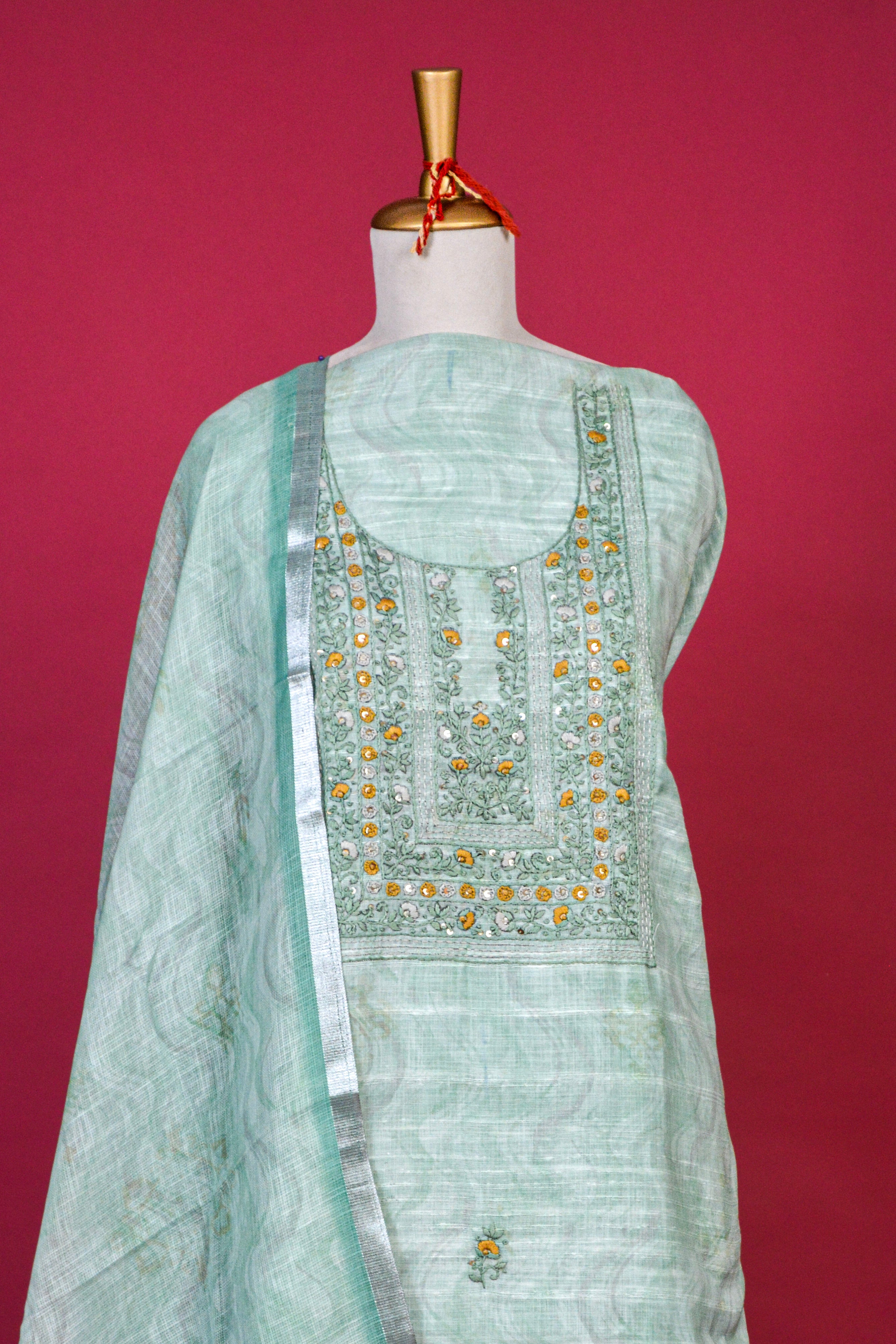 Earthy Green Jamdani Linen Kurta Dupatta Set – 3 piece