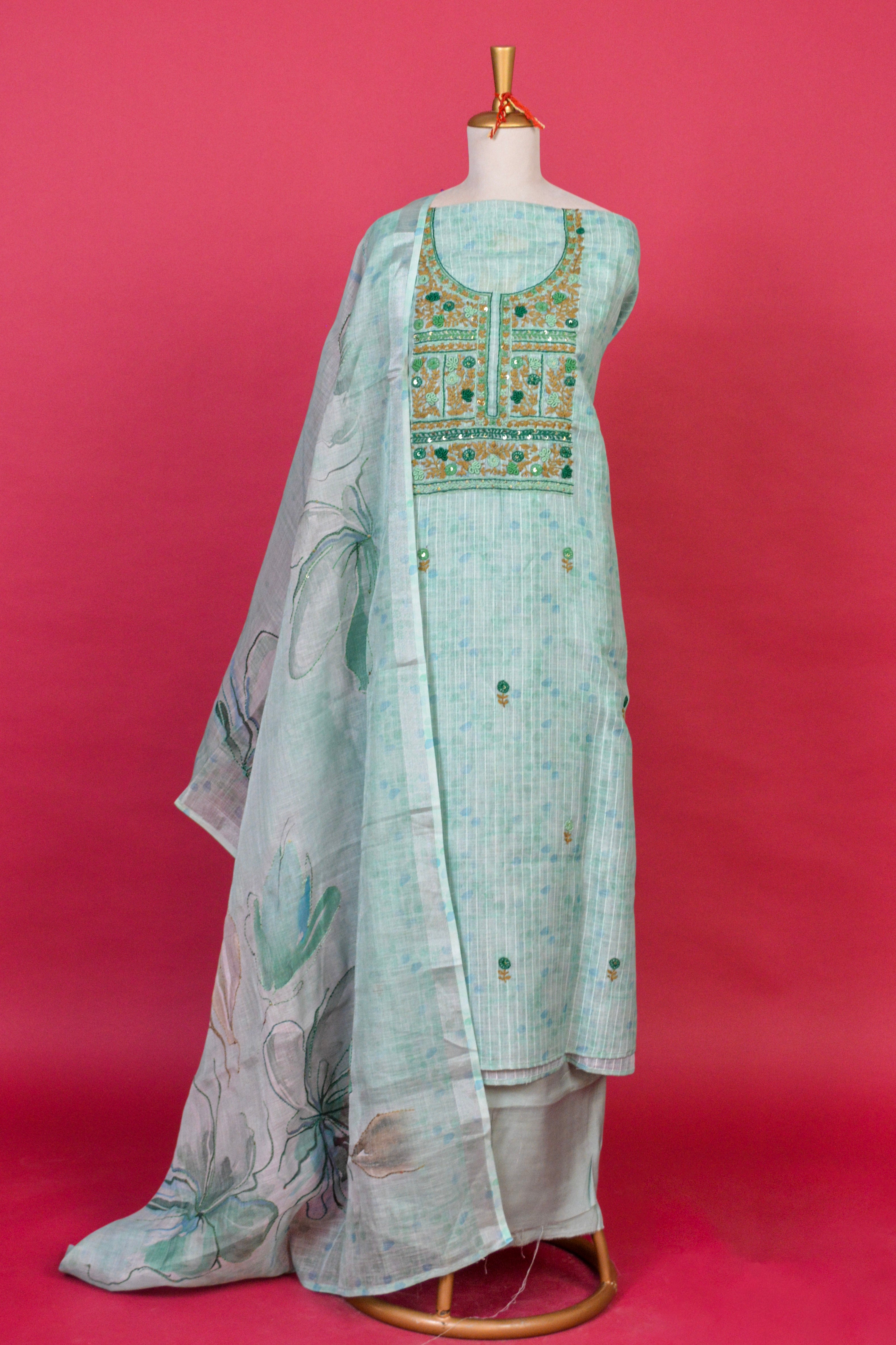 Sage Green Linen Jamdani Kurta Dupatta Set – 3 piece