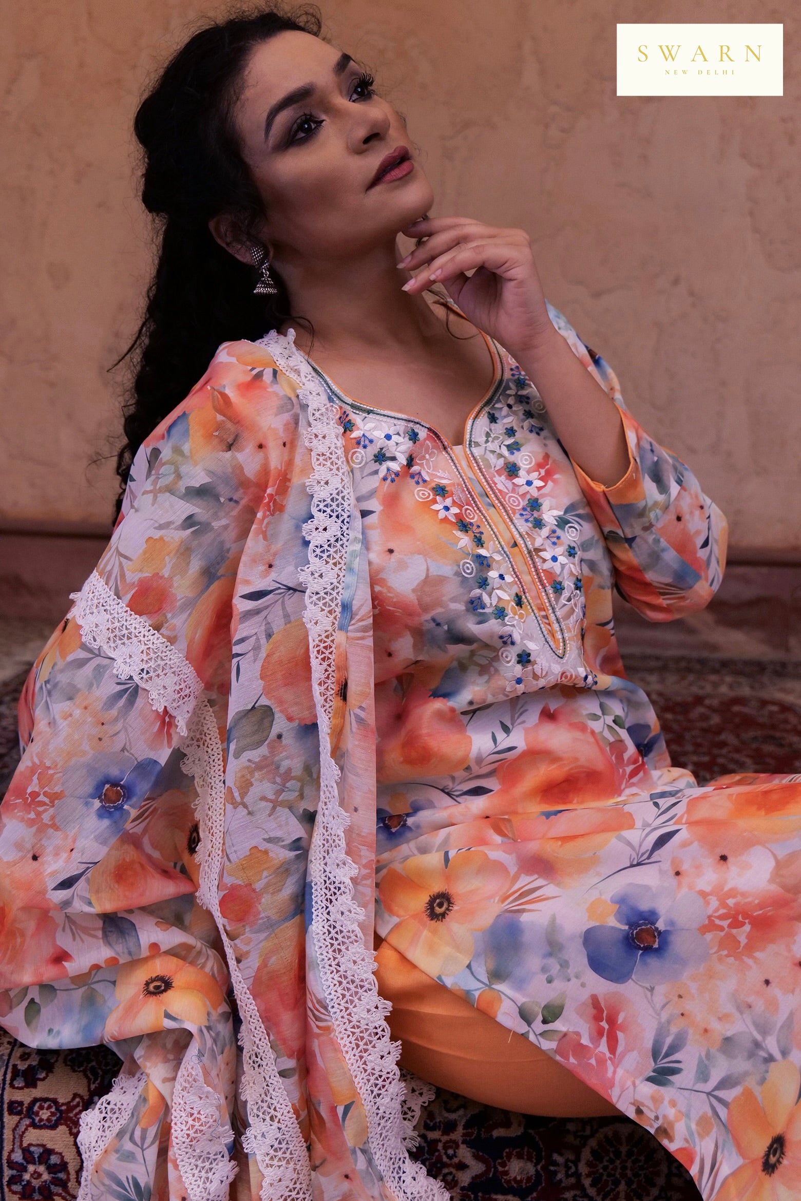 Chanderi Digital Printed Kurta Dupatta Set with Resham Embroidered Neckline – 3 piece