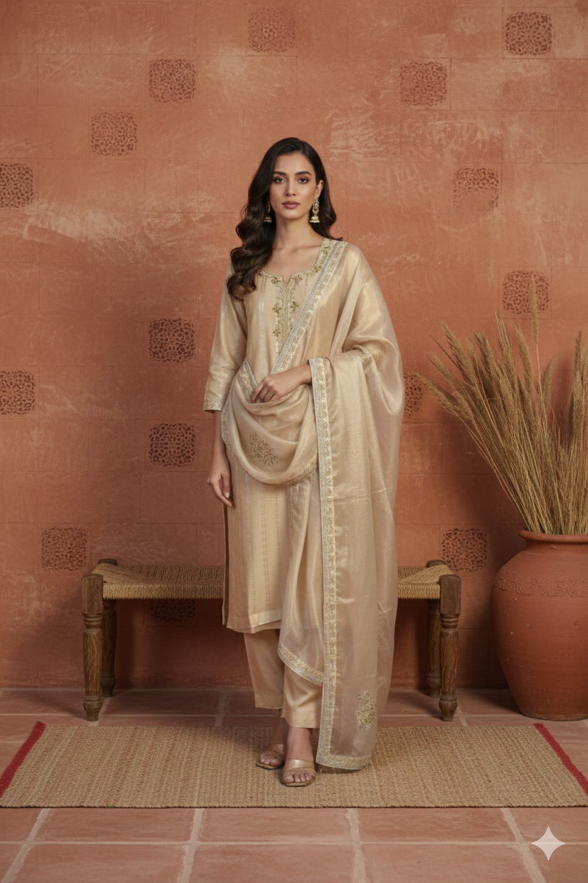 Beige Handloom Striped Kurta with Patchwork Tissue Dupatta & Upada Silk Bottom – 3 Piece