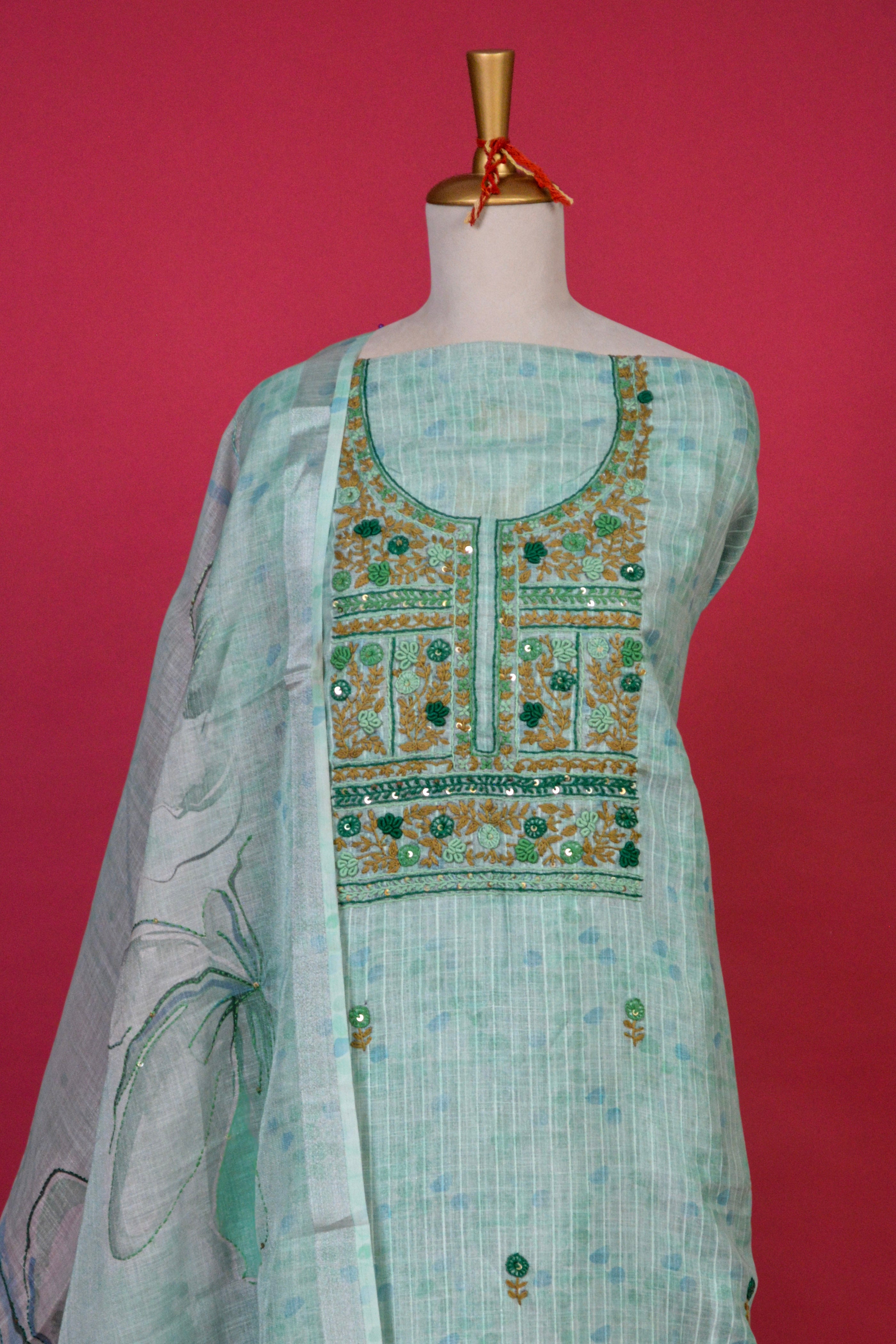 Sage Green Linen Jamdani Kurta Dupatta Set – 3 piece