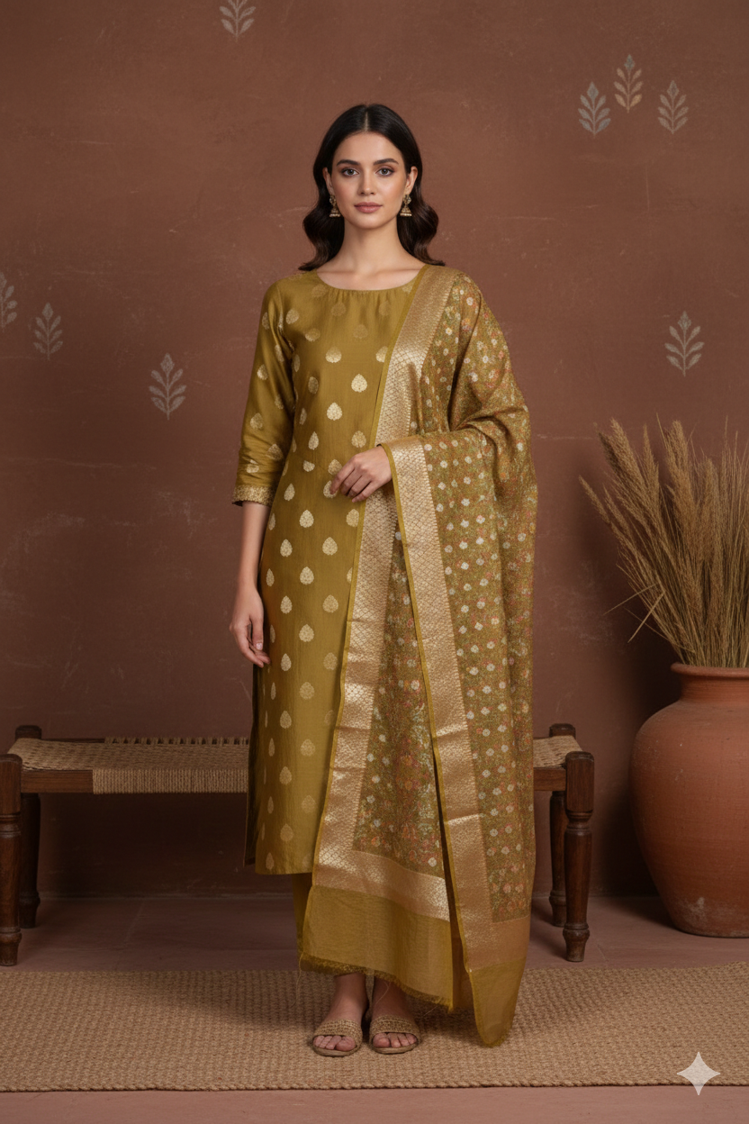 Mustard Yellow Banarasi Silk Zari Weave Kurta Dupatta Set – 3 Piece