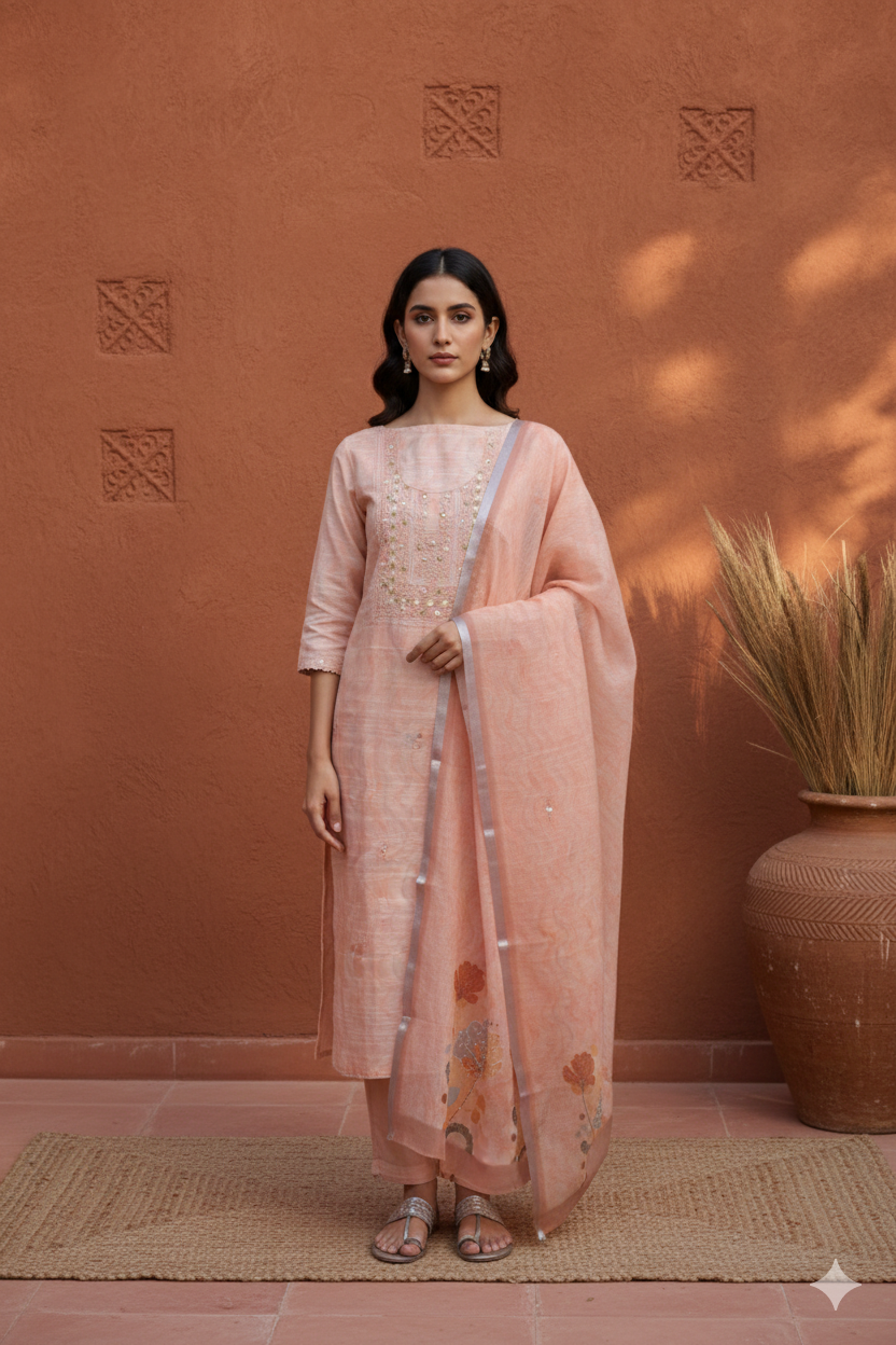 Soft Pink Jamdani Linen French Knot Embroidered Kurta Dupatta Set – 3 piece