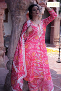 Chanderi Digital Printed Kurta Dupatta Set with Resham Embroidered Neckline – 3 piece