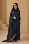 Indigo Ajrakh Hand Block Print Unstitched 3-Piece Suit Set in Modal Satin Fabric