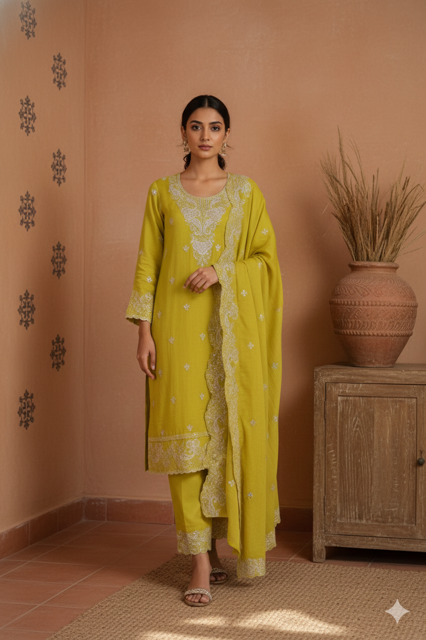 Citrus Green Mul Chanderi Cutwork Embroidered Suit with Scalloped Dupatta – 3 piece