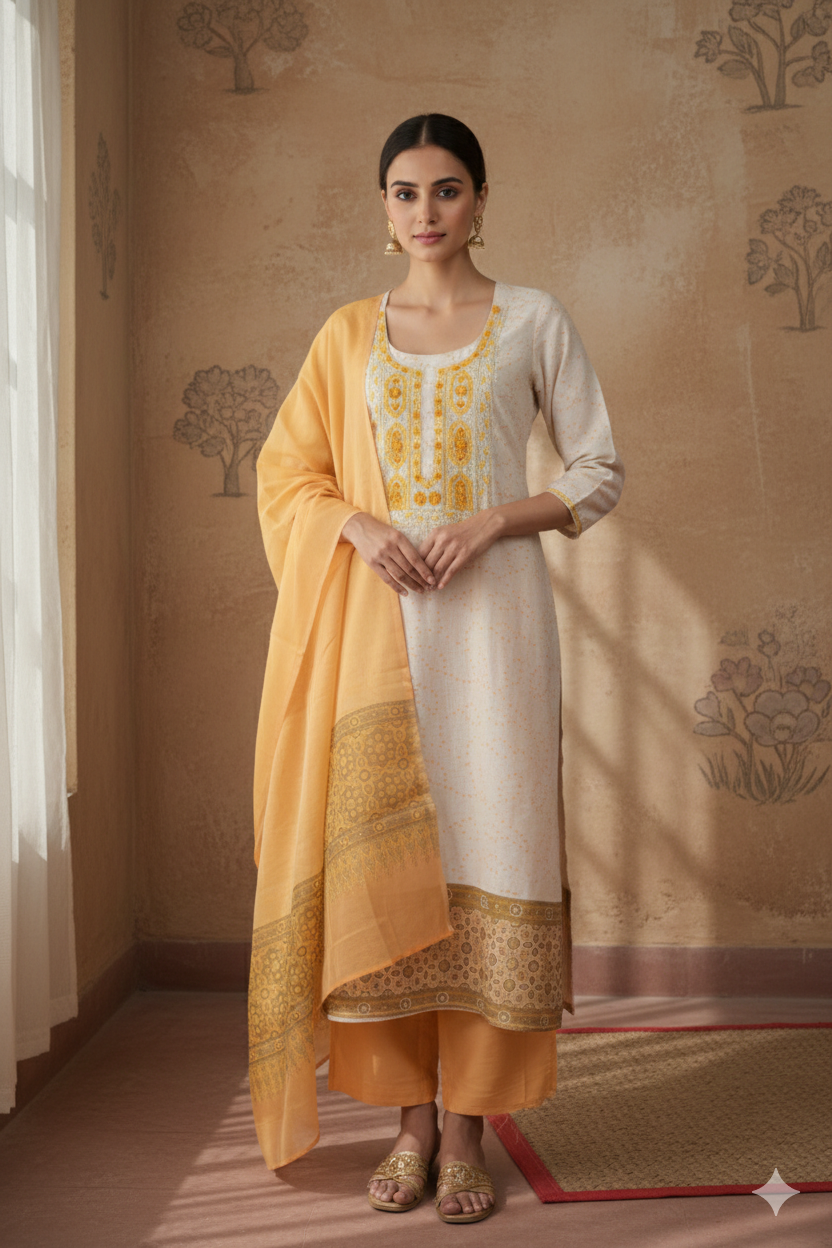 Ivory & Earthy Yellow Jamdani Linen French Knot Embroidered Kurta with Digital Print Dupatta – 3 piece